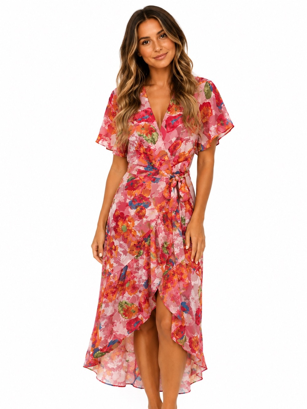 Floral Pink Wrap Midi Dress with Tie Waist
